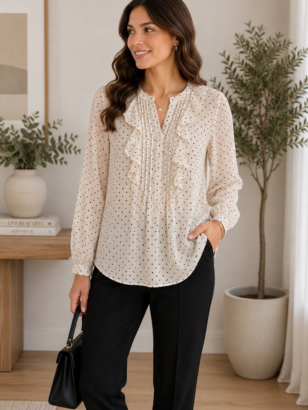 Loft Women’s Cream Ruffle Front Blouse with Black Dot Print